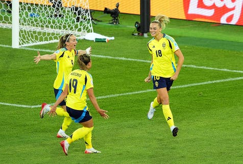 <p>Sweden's Fridolina Rolfo, Kosovare Asllani and Johanna Rytting Kaneryd celebrate during the 4-1 win over Germany</p>